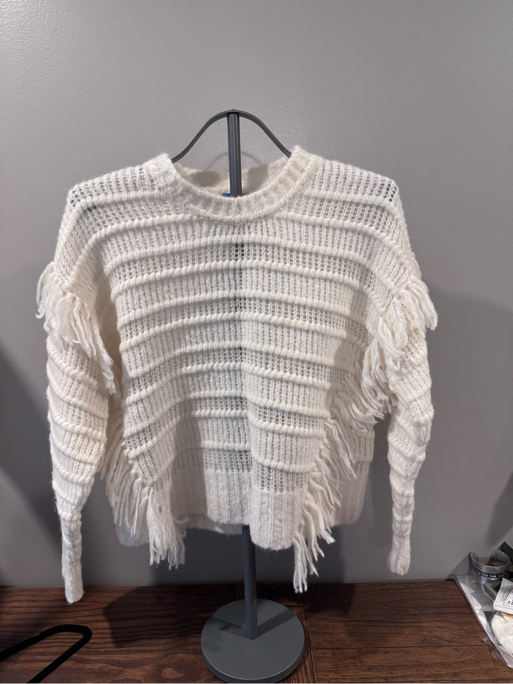 J. McLaughlin Aleksandra Alpaca Merino Wool Cream Fringe Knit Sweater